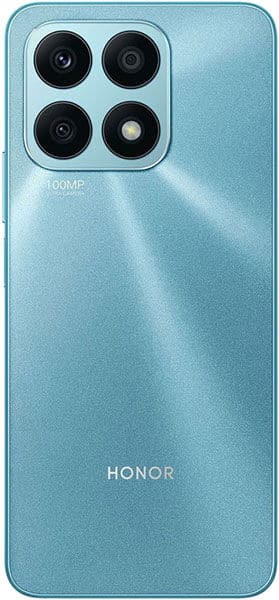Honor X8a rear view with four camera lenses and flash on light blue background