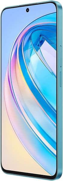 Honor X8a smartphone, front view, displaying colorful blue, pink, and yellow gradient wallpaper on screen