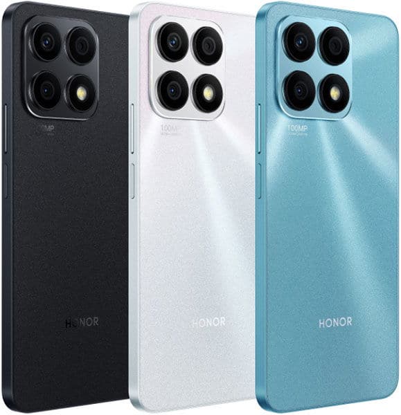 Honor X8a rear view in black, white, and blue, showing quad camera setup and "HONOR" branding