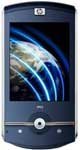 HP iPAQ Data Messenger, front view, displaying globe and network graphics on screen
