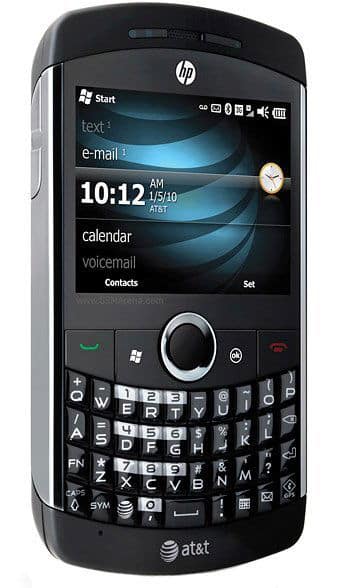 HP iPAQ Glisten front view with touchscreen display showing home screen, physical QWERTY keyboard, and AT&T branding