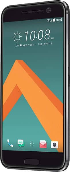 Front view of black HTC 10 showing 10:08, 57°F New York, April 19, with orange geometric wallpaper on green background.