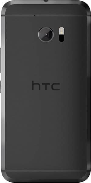 Rear view of black HTC 10 smartphone with rear camera, dual-LED flash, and HTC logo centered on the back cover.