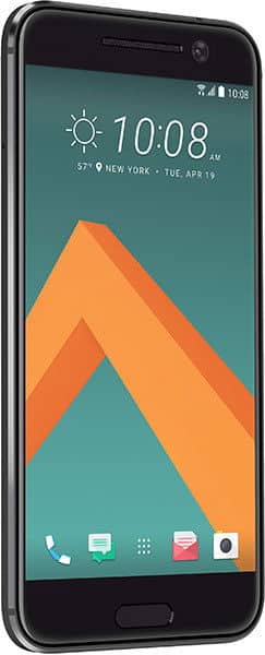 Front view of black HTC 10 smartphone showing home screen with time 10:08, date April 19, and New York weather widget.