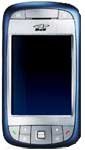 HTC 6800 smartphone, front view, with dark screen and silver and blue casing