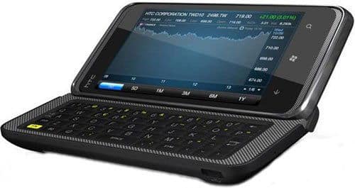 HTC 7 Pro front view, open with slide-out QWERTY keyboard and touchscreen displaying app interface