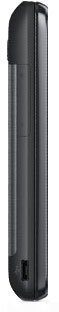 HTC 7 Pro smartphone, side view, showing black rectangular device with curved edges and hardware keyboard slot at bottom