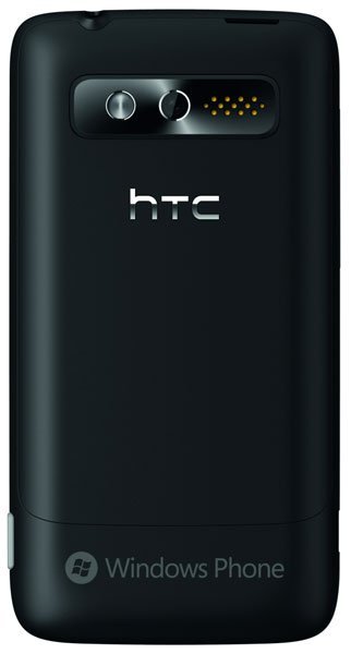 HTC 7 Trophy rear view, black smartphone with camera and flash, Windows Phone logo at bottom