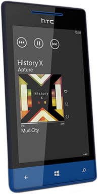 HTC Windows Phone 8S front view with blue bottom bezel, displaying home screen with app tiles and Music app open