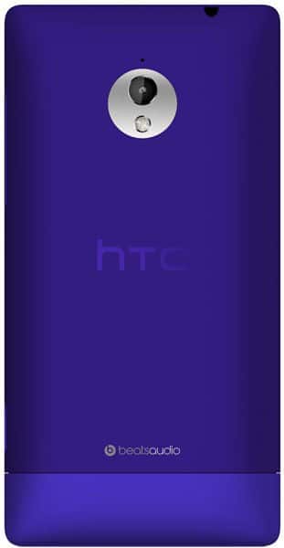 HTC 8XT rear view, purple back with camera lens and Beats Audio branding