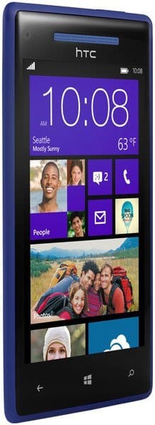 Front view of blue HTC Windows Phone 8X showing Windows Phone home screen, app tiles, 10:08 AM time, and Seattle weather.