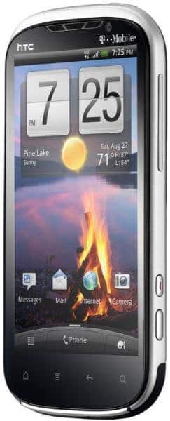 HTC Amaze 4G front view with screen on, showing time, weather, and app icons on home screen display