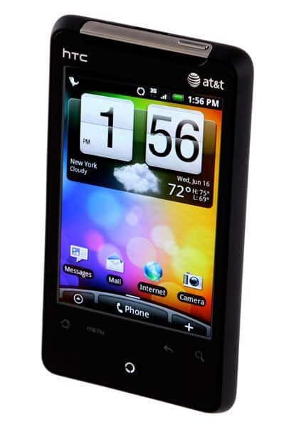 HTC Aria front view, black smartphone displaying home screen with clock widget, colorful background, and app icons including Messages, Mail, Internet, and Camera