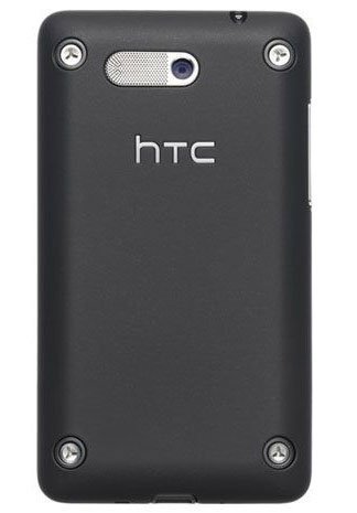 HTC Aria rear view, showing dark gray back with camera and speaker, HTC logo centered