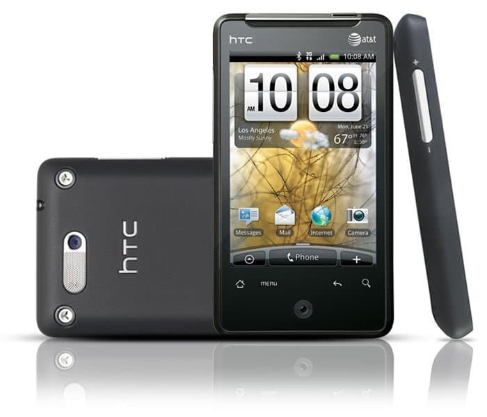 HTC Aria smartphone shown from front, back, and side angles with screen displaying home screen and weather widget