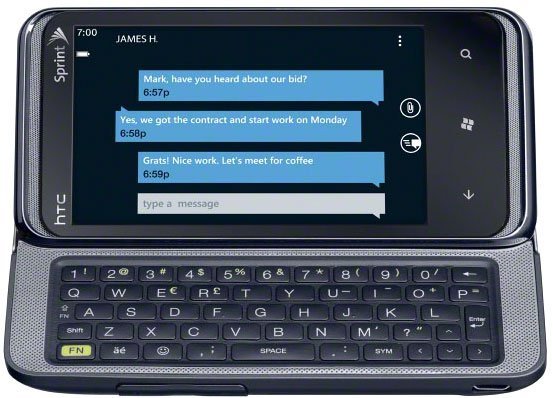 HTC Arrive front view with slide-out QWERTY keyboard, displaying text message conversation on screen