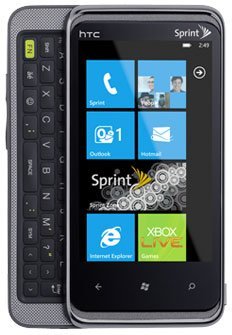 HTC Arrive smartphone with slide-out QWERTY keyboard, displayed front-facing with Windows Phone home screen showing tiles