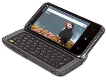 HTC Arrive smartphone with slide-out QWERTY keyboard, screen displaying photo of a puffin, front angle view