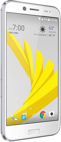 Front view of white HTC Bolt showing 7:00 PM, weather, app icons, and yellow abstract shapes on the home screen.
