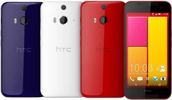 HTC Butterfly 2 rear and front views in blue, white, and red color options