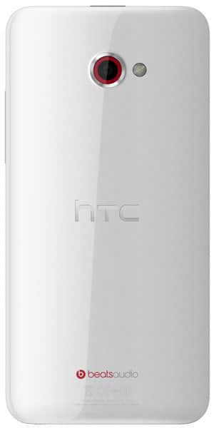 HTC Butterfly S rear view, white phone with red camera lens and Beats Audio branding