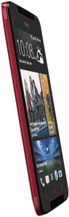 HTC Butterfly S smartphone, red and black, displayed at an angle showing the screen with home screen widgets and the device's side profile