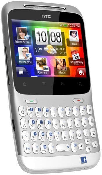 HTC Status front view, white smartphone with slide-out QWERTY keyboard and colorful home screen display
