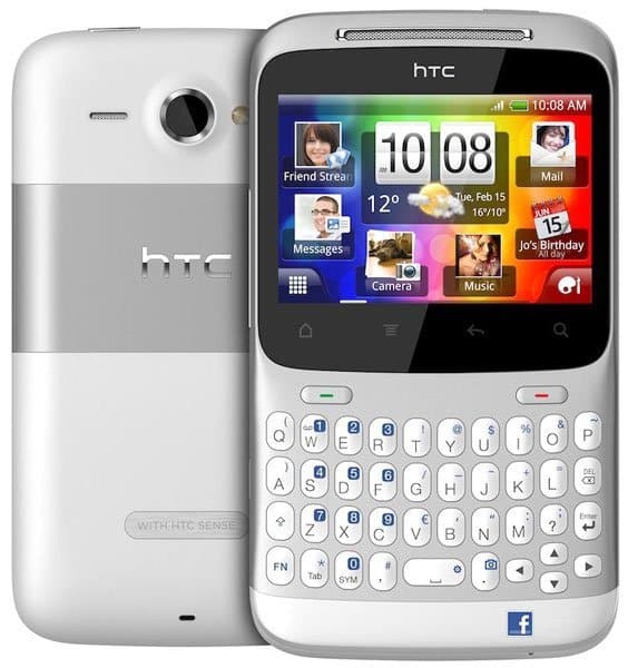 HTC Status phone shown front and rear views, displaying colorful home screen with apps and QWERTY keyboard