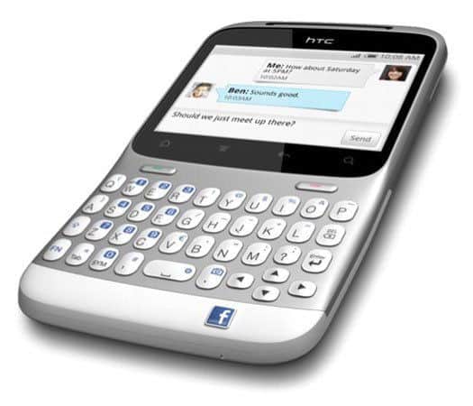 HTC Status front view, white smartphone with slide-out QWERTY keyboard and touchscreen displaying messaging interface