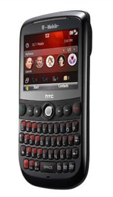 HTC Dash 3G front view, black phone with red-accented QWERTY keyboard and touchscreen display showing contacts