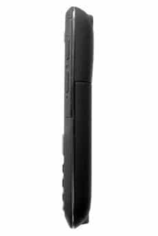 HTC Dash 3G side view, closed, black candybar-style phone with rounded edges and buttons along the spine
