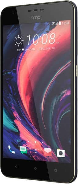 HTC Desire 10 Lifestyle front view with colorful abstract display showing time 10:08 and home screen icons