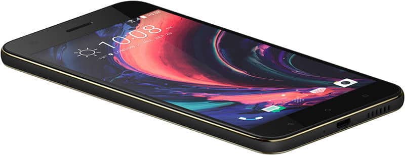HTC Desire 10 Pro front view with colorful abstract wallpaper on screen, black frame and gold trim
