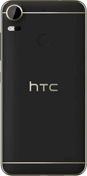 HTC Desire 10 Pro rear view, black phone with camera and flash in upper left corner, HTC logo centered on back