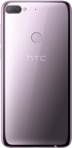 HTC Desire 12+ rear view, showing purple gradient back panel with dual camera and fingerprint sensor