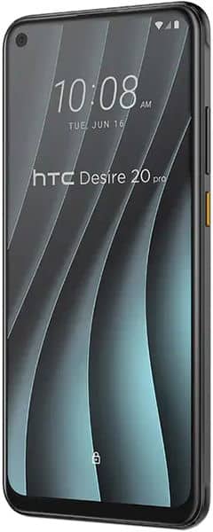 HTC Desire 20 Pro front view with display showing time 10:08 AM and device name on lock screen