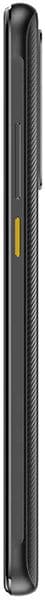 HTC Desire 20 Pro smartphone shown from the side, displaying its black textured back and yellow accent stripe running vertically along the edge