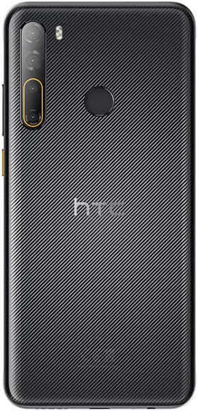 HTC Desire 20 Pro rear view, showing carbon fiber texture back with camera array and fingerprint sensor