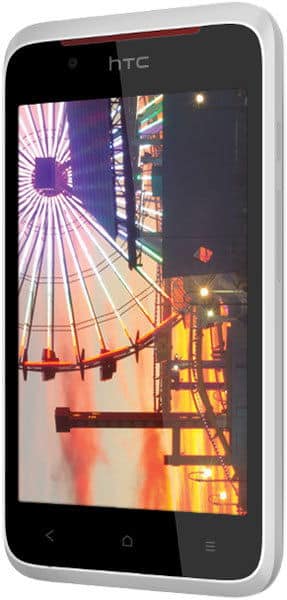 HTC Desire 210 front view, white and black smartphone displaying colorful nighttime cityscape on screen