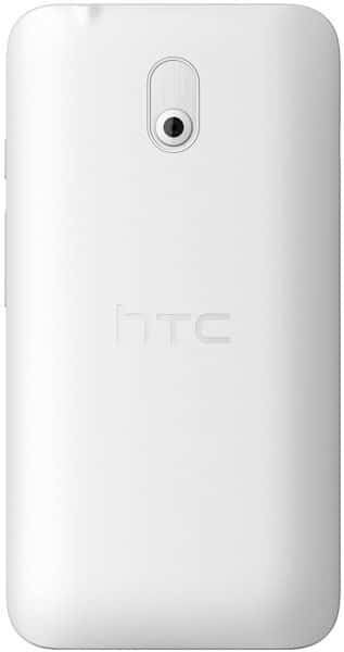 HTC Desire 210 rear view showing white back panel with camera and HTC logo