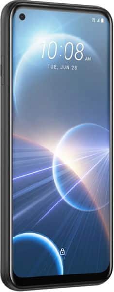HTC Desire 22 Pro front view showing display with time 10:08 AM and blue light ray design on screen