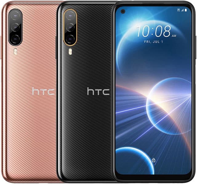 HTC Desire 22 Pro rear and front views in rose gold and black, displaying time 10:08 on screen