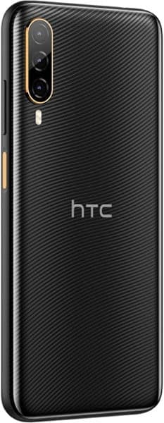 HTC Desire 22 Pro rear view, black with carbon fiber texture and dual camera setup with gold accents