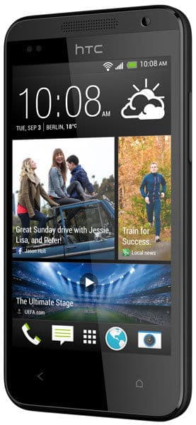 HTC Desire 300 front view, displaying home screen with weather widget, photo tiles, and app icons at bottom