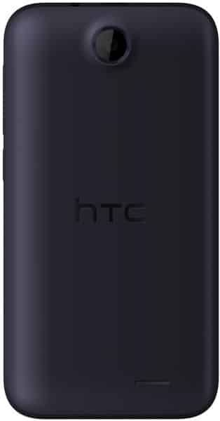 HTC Desire 310 rear view, dark gray with camera lens and HTC logo visible