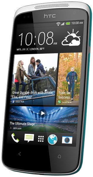 HTC Desire 500 front view, displaying home screen with time, weather, photos, and app icons