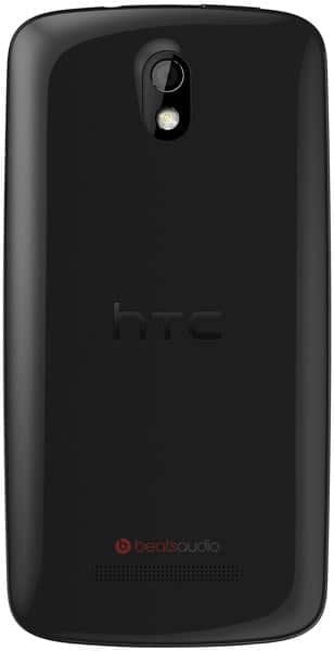 HTC Desire 500 rear view, black phone with camera lens and Beats Audio branding visible