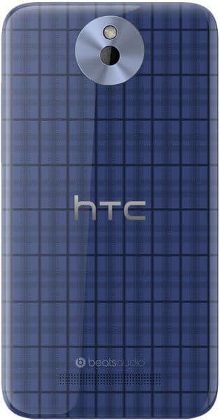 HTC Desire 501 rear view, showing blue textured back panel with camera and HTC logo