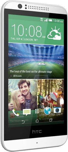 Front view of a white HTC Desire 510 smartphone showing home screen with time, date, weather, and main app tiles.