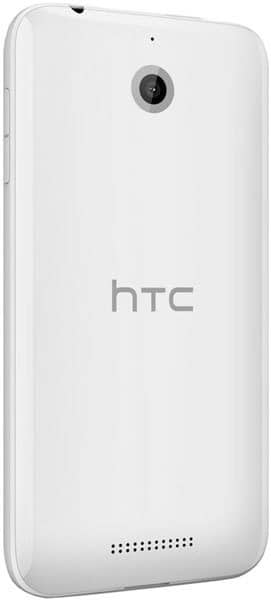 Rear view of white HTC Desire 510 showing top-center camera, central HTC logo, and bottom speaker grille.